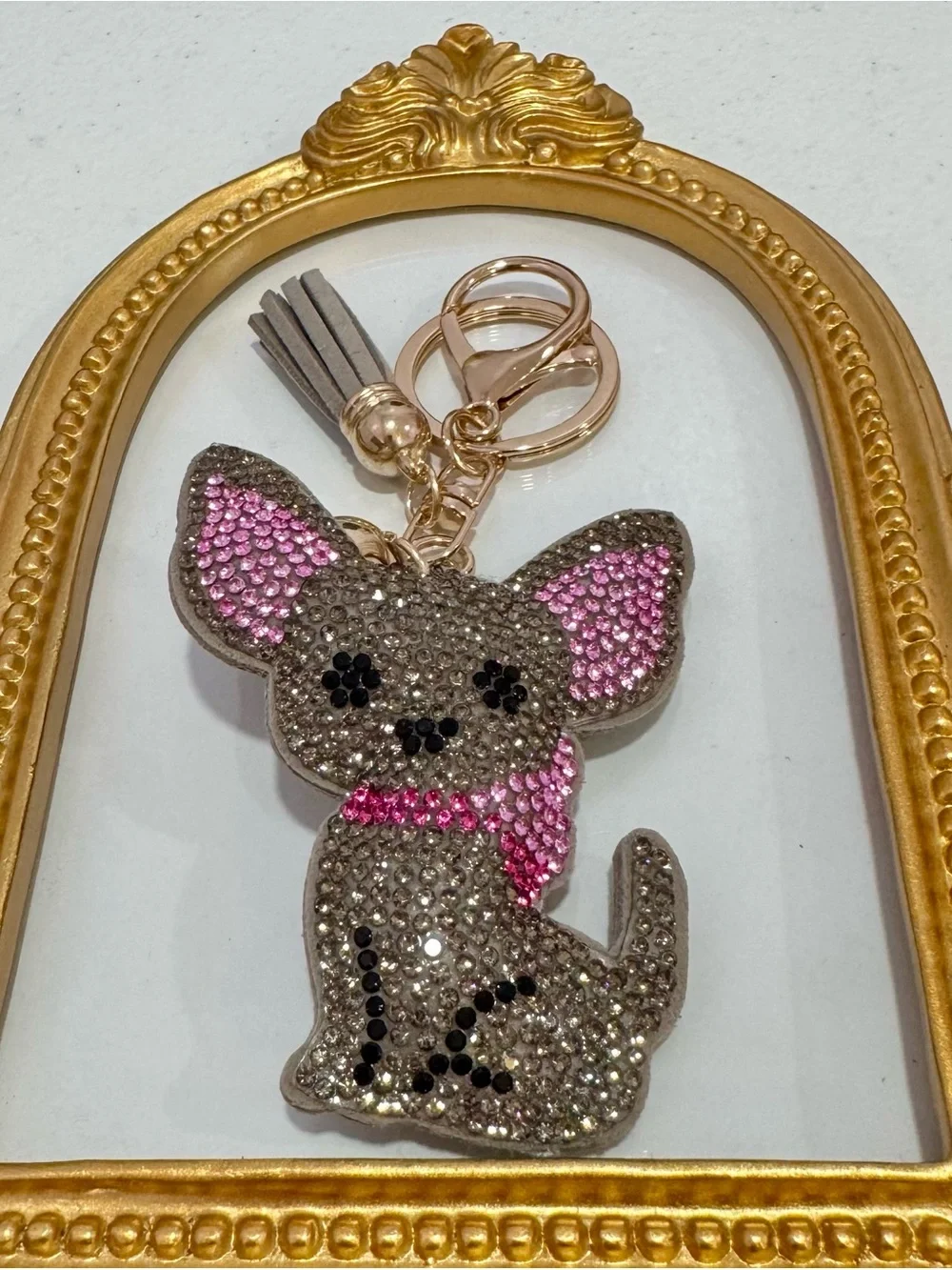 New Crystal Dog in Pink and Gray Keychain